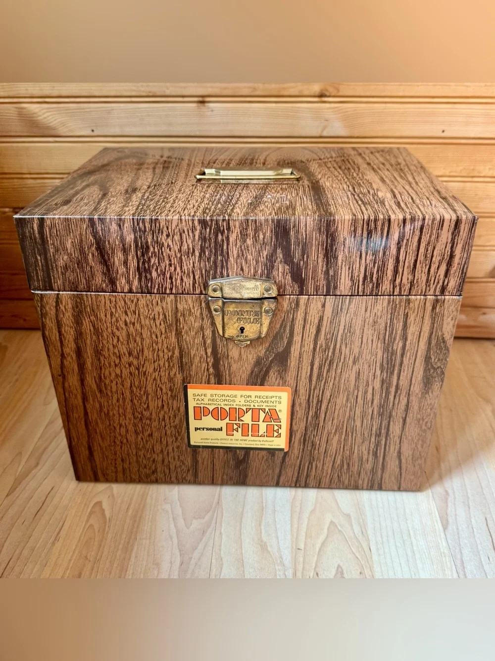 Ballonoff Porta-File VTG Mid-Century Metal Box Woodgrain Design Brass Hardware